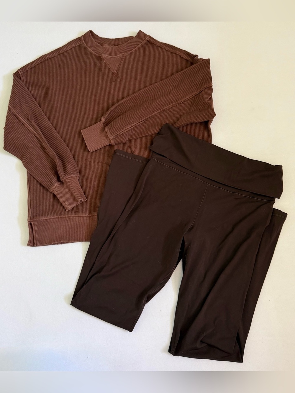 Aerie Big Chill Crew XXS Oversized Brown Sweatshirt + Leggings Bundle
